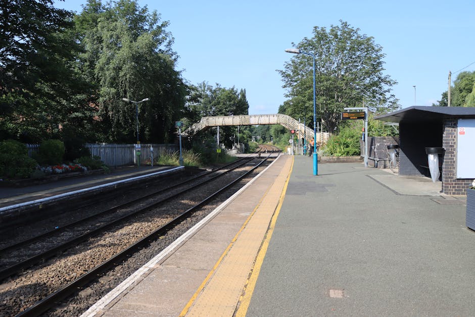A quiet railway station platform with two parallel train tracks running through the scene, bordered by a concrete edge with tactile paving near the edge for accessibility. On the right side, there is a small brick building with a black roof, featuring a trash bin and a covered area for waiting or ticketing. The platform is mostly empty, with a few blue lamp posts evenly spaced along its length, and behind the station building, there are lush green trees and bushes, providing a natural backdrop. A footbridge with a white, perforated metal railing arches across the tracks, connecting the two sides of the station. The overall scene suggests a calm environment suitable for home relocation or furniture transport services, with visible elements that support the logistics of loading and unloading, such as the flat platform and open space. Man with Van Penge, a specialist in removals, might use this station for moving household items or furniture as part of an efficient packing and moving process in the Penge area.